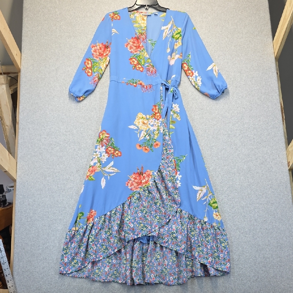 New York & Company Blue Floral Wrap Dress High Low Women’s XS